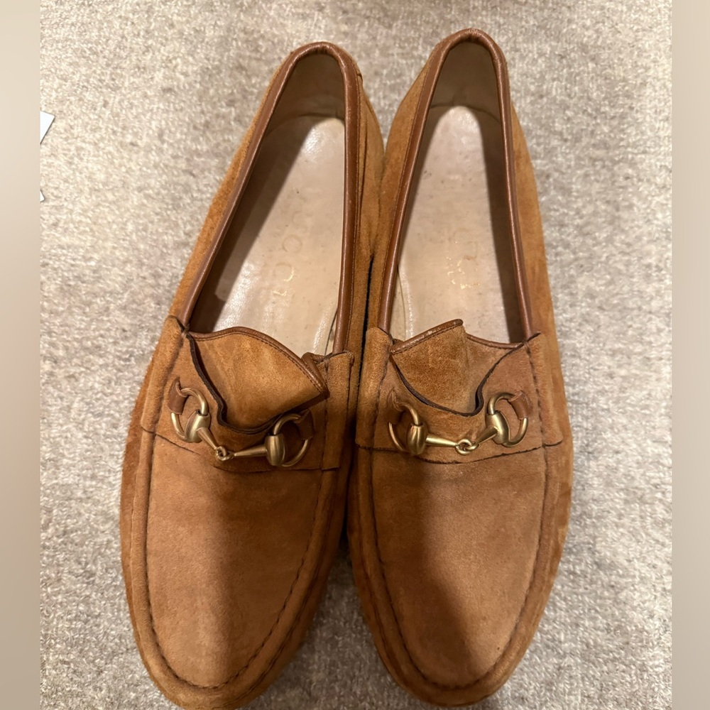 Gucci Brown Suede Loafers with Gold Accent